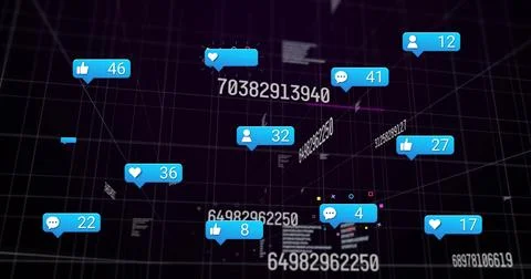 Floating blue notification bubbles moving through virtual 3D grid, showing icons 스톡 일러스트