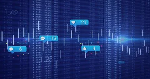 Floating blue notification bubbles showing numeric badges over trading dashbo Illustrazione stock