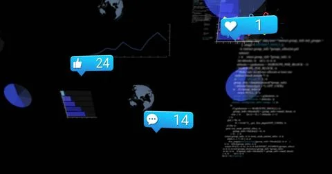 Floating blue notification bubbles showing thumbs-up 24, comment 14, heart 1 스톡 일러스트