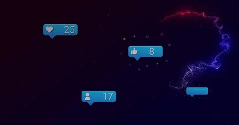 Floating blue notification bubbles showing 25 hearts, 8 likes, 17 users in app Stock Photos