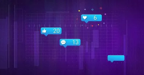 Floating blue notification bubbles showing like 20, comment 13, heart 6 on Stock Photos