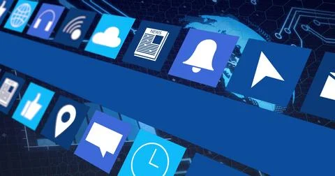 Floating blue panels displaying white interface icons in virtual 3D space, Stock Photos