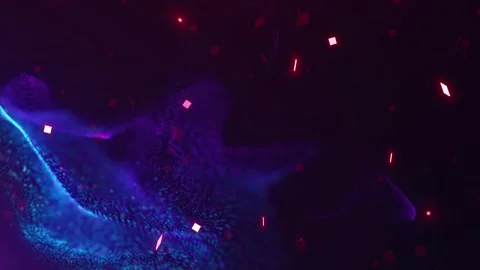 Floating blue particle waves and glowing red geometric shapes moving through Stock Footage 345334043