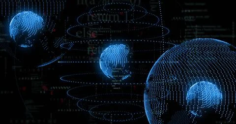 Floating blue point-cloud globe rotating on right in digital network, with Stock Photos