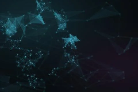 Floating blue polygonal clusters and connected points form an atmospheric d.. Illustrazione stock