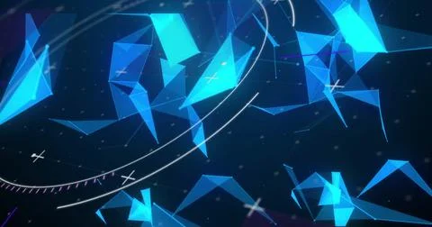 Floating blue polygons connecting with white curved lines and glowing crosses, Stock Photos