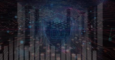 Floating blue shield with lock icon in data visualization, circuit traces, data Stock Photos
