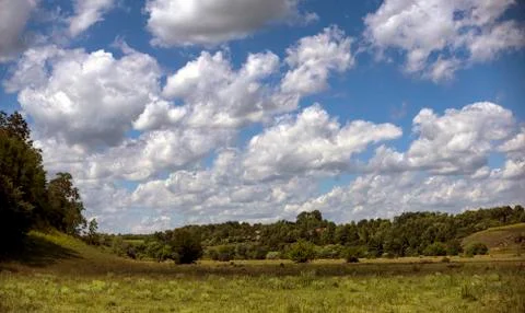 Floating in the blue sky, large clouds over the meadow. Foto stock