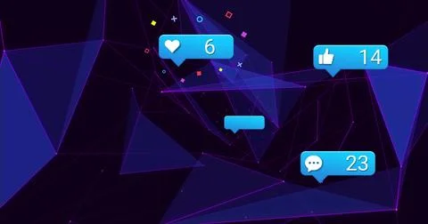 Floating blue speech bubbles showing heart 6, thumbs-up 14, comment 23 over イラスト素材