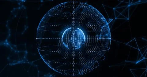 Floating blue sphere in digital void, showing inner dot-matrix globe and Stock Photos