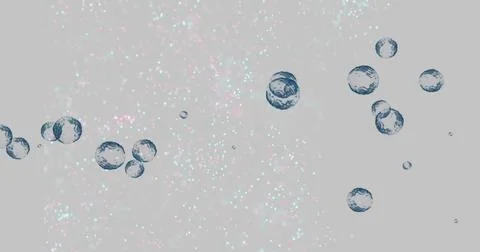 Floating blue-tinted bubbles and mint sparkles drifting on pale gray backdrop Stock Illustration