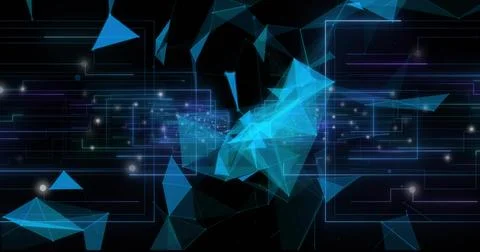 Floating blue triangular facets forming network pathways in dark void, with Stock Illustration