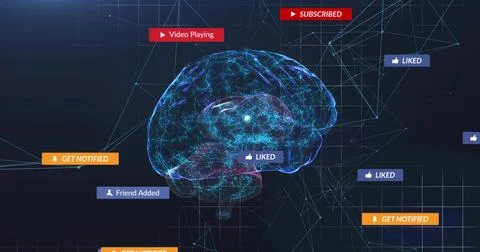 Floating blue wireframe brain glowing, linking through digital network with Illustrazione stock