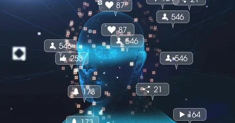 Floating blue wireframe head glowing and showing alert bubbles in virtual Stock Photos