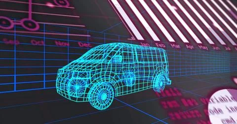 Floating blue wireframe van hovering above grid plane with month labels, barcode Stock Illustration