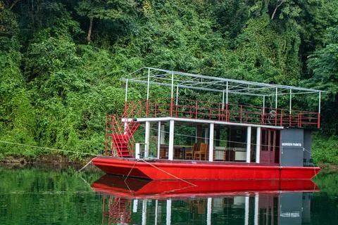 Floating boats creating patterns on water in Kaptai Stock Photos