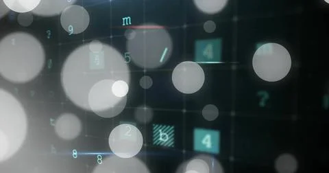 Floating bokeh lights image over digital grid with letters and numbers Foto stock