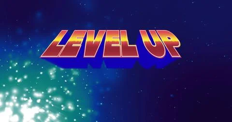 Floating bold 3D LEVEL UP text hovering over cosmic starfield, with glowing Stock Illustration
