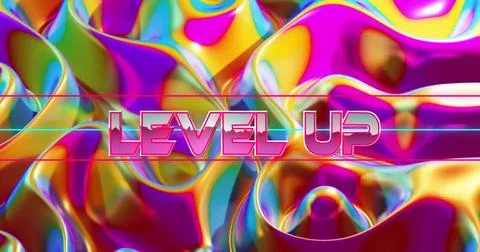 Floating bold 3D text LEVEL UP glowing in digital holographic composition, wi Stock Illustration