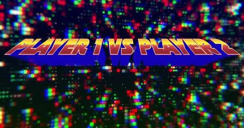 Floating bold 3D text reading PLAYER 1 VS PLAYER 2 on arcade interface, with Stock Illustration