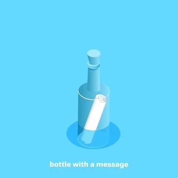 Floating bottle with a bundle of paper, isometric image Stock Illustration