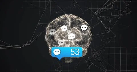 Floating brain glowing in network grid environment, with blue notification Stock Illustration