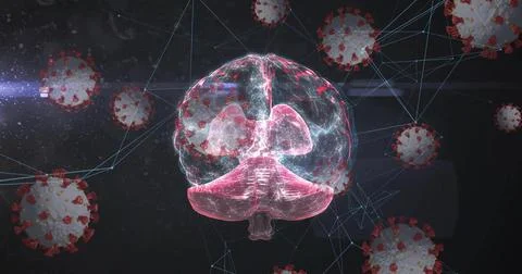 Floating brain hologram linking 3D virus models in virtual space, with neon-blue Illustrazione stock