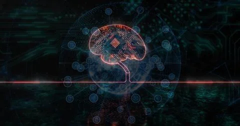 Floating brain icon displaying circuitry over virtual grid with network globe, Illustrazione stock