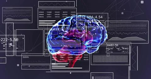 Floating brain model showing neural pathways in virtual HUD, with UI panels and Stock Photos