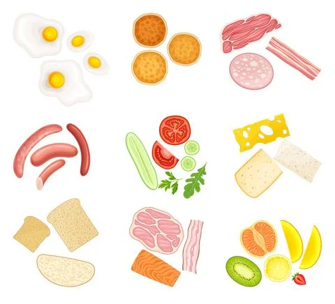 Floating Breakfast Ingredients with Bread Slices, Vegetables and Bacon Vector Illustrazione stock