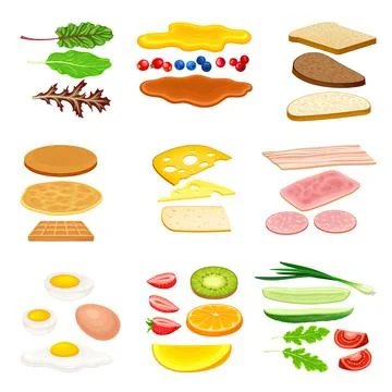 Floating Breakfast Ingredients with Bread Slices, Vegetables and Bacon Vector Illustrazione stock