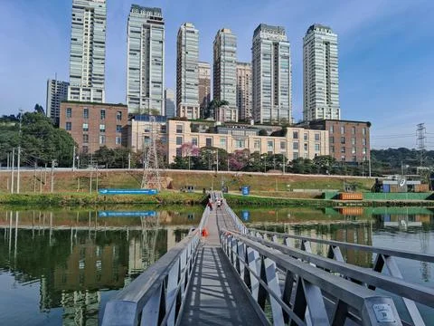 Floating bridge over the river, for use by pedestrians and cyclists. Stock Photos