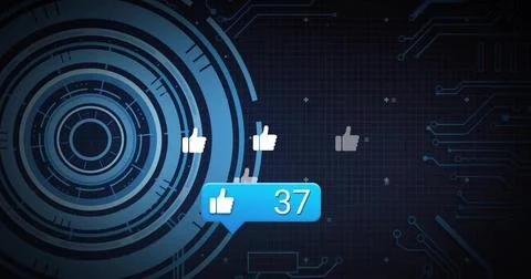 Floating bright blue notification bubble hovering in virtual HUD rings, showing Illustrazione stock