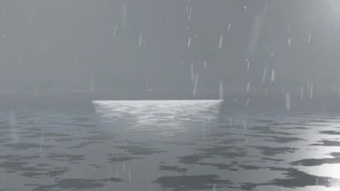Floating bright flat rectangle reflecting light with rain intensifying at sea, Stock Footage 341865088