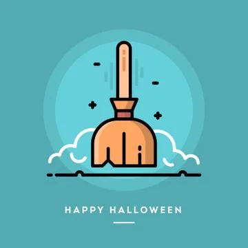 Floating broom icon, flat design thin line halloween banner Stock Illustration