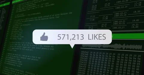 Floating like bubble with 571,213 LIKES over screens showing green code, hex, Stock Illustration