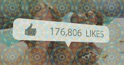 Floating bubble displaying 176,806 likes on smartphone with thumbs-up icon and Stockfoto's