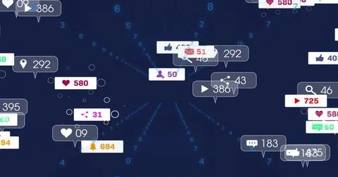 Floating bubble notification badges drifting over navy radial grid, with numeric Stock Illustration