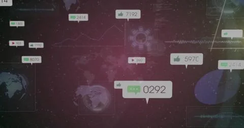 Floating bubble showing comment, thumbs up icons in space UI, with map, Foto stock
