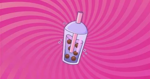 Floating bubble tea cup with domed straw lid showing pearls and bubbles against Stock Illustration