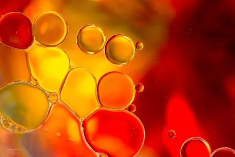 Floating Bubbles on the Surface of a Liquid: Red and Orange. Stock Photos