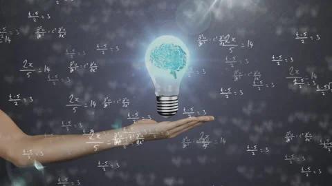 Floating bulb with glowing brain hovering above forearm, emitting light over Stock Footage 309370727
