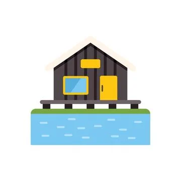 Floating bungalow overlooking tranquil blue water Ilustração Stock
