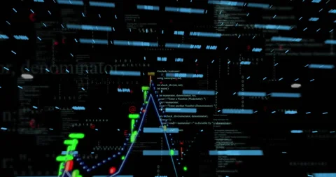 Floating C++ code snippets, binary digits animating across neon-blue 3D Video stock 309106429