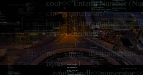 Floating C++ code snippets overlaying nighttime highway ramps, with light trails Stock Illustration