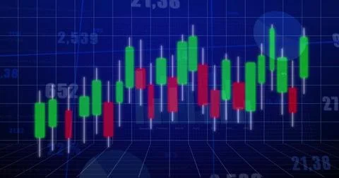 Floating candlestick chart hovering above virtual blue grid plane, with numeric Stock Illustration
