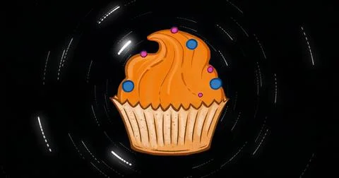 Floating cartoon cupcake drifting in space with orange frosting, blue-pink イラスト素材