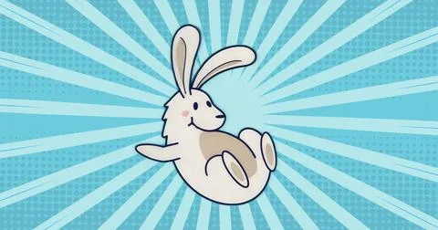 Floating cartoon rabbit drifting over blue pop art beams, abstract halftone dot Stock Illustration