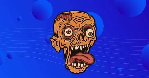 Floating cartoon zombie head rotating over blue gradient background, with exp 스톡 일러스트