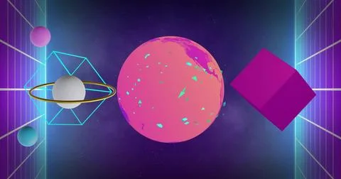 Floating center magenta orb glowing over stars, cyan hexagon, neon grid walls, Stock Illustration